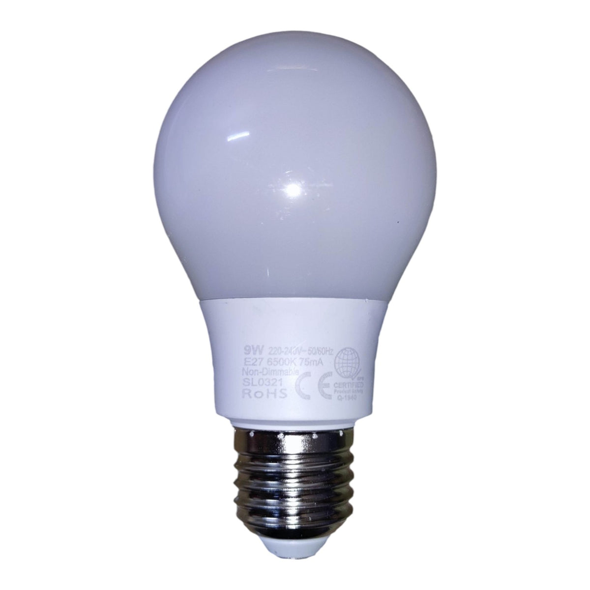 A 9W LED light bulb with a frosted white glass globe and a silver-colored E14 screw base, shown against a plain white background.