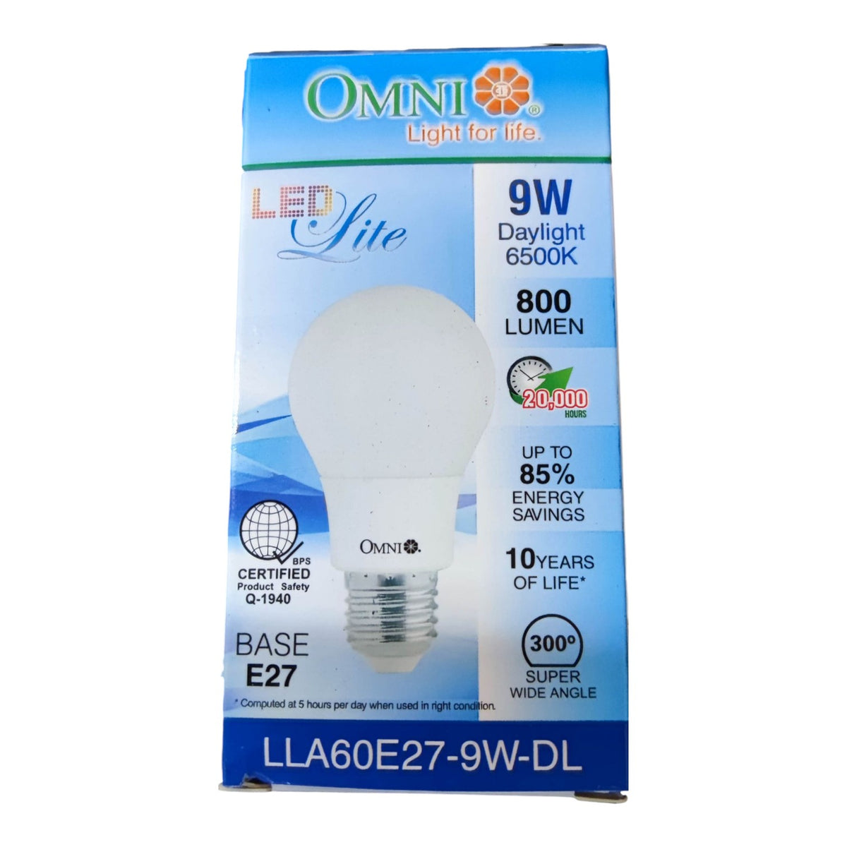 OMNI LED Lite 9W E27 LED light bulb packaging box, featuring a blue and white design with a graphic of the frosted light bulb.