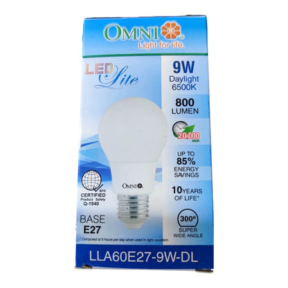 OMNI LED Lite 9W E27 LED light bulb packaging box, featuring a blue and white design with a graphic of the frosted light bulb.