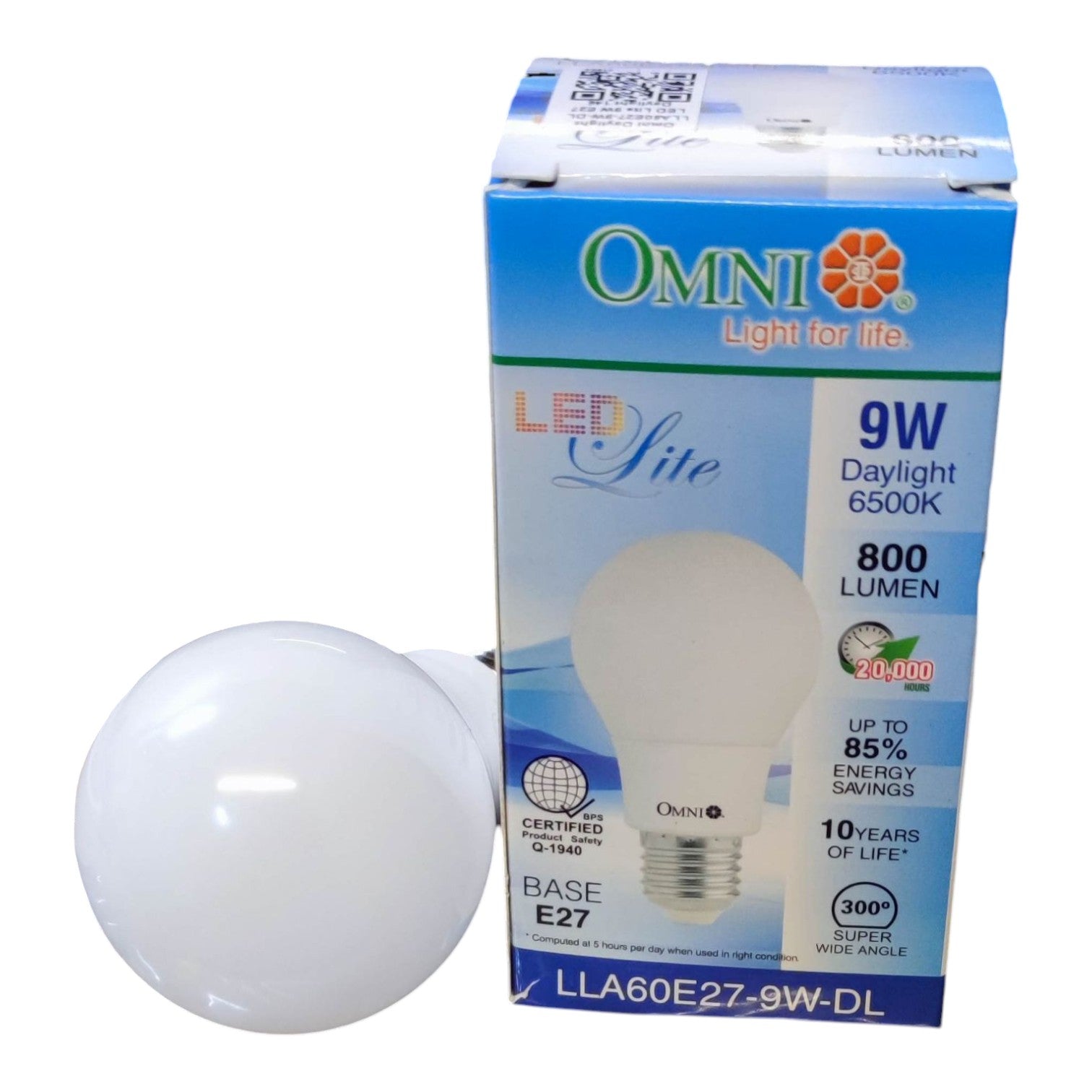 An Omni LED Lite 9W light bulb shown in front of its blue and white retail packaging box on a plain white background.