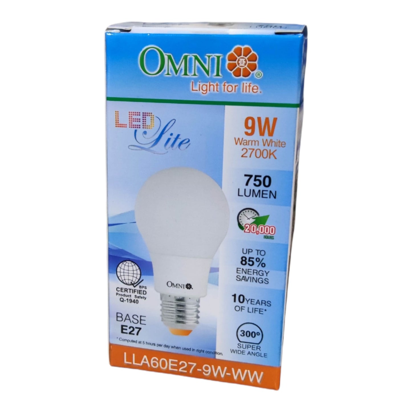 OMNI LED Lite 9W Warm White LED light bulb packaging box, featuring a blue and white design with an illustration of the light bulb and product specifications.