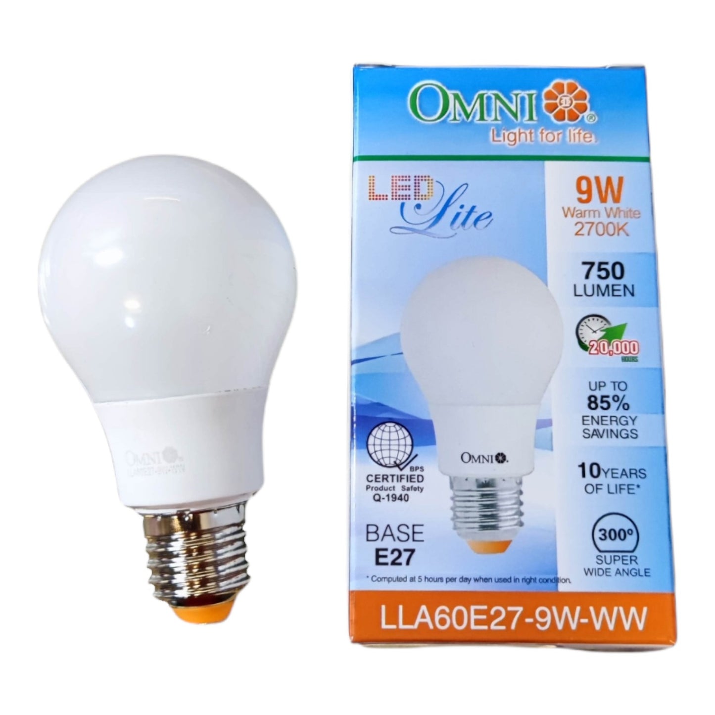 An LED light bulb with a frosted glass body and a silver E27 screw base, shown next to its blue and white retail packaging box branded Omni.