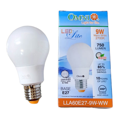 An LED light bulb with a frosted glass body and a silver E27 screw base, shown next to its blue and white retail packaging box branded Omni.