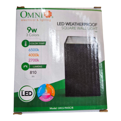 OMNI Electrical & Lighting LWLS-9W3C/B LED Weatherproof Square Wall Light retail packaging box, showing a black square light fixture graphic and product specifications.