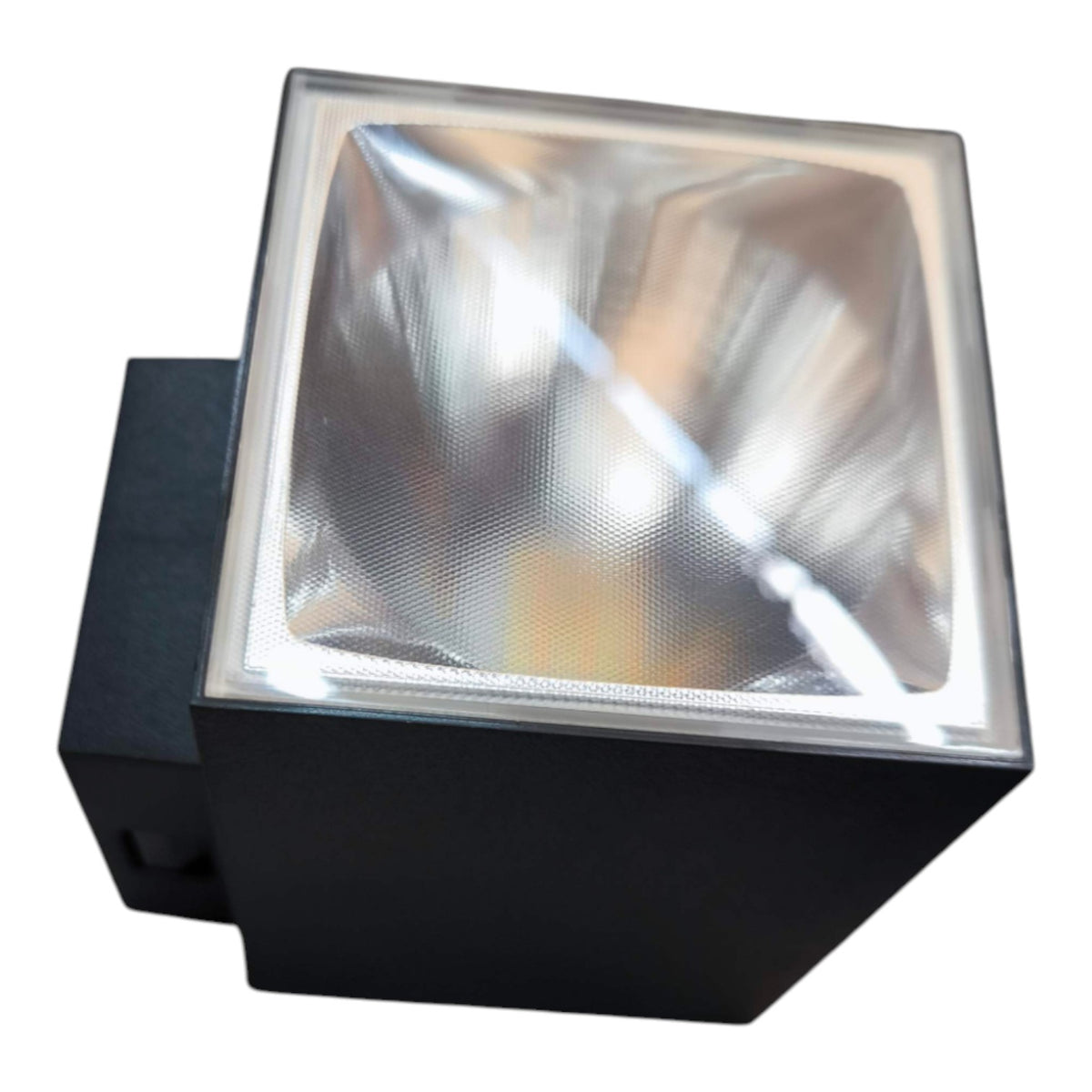 A square LED spotlight with a black housing and a reflective silver interior, shown at an angle on a white background.