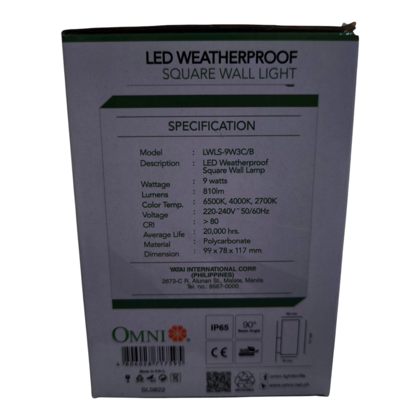 The back of the retail packaging box for an Omni LED Weatherproof Square Wall Lamp, displaying technical specifications, a barcode, and product details on a white background.