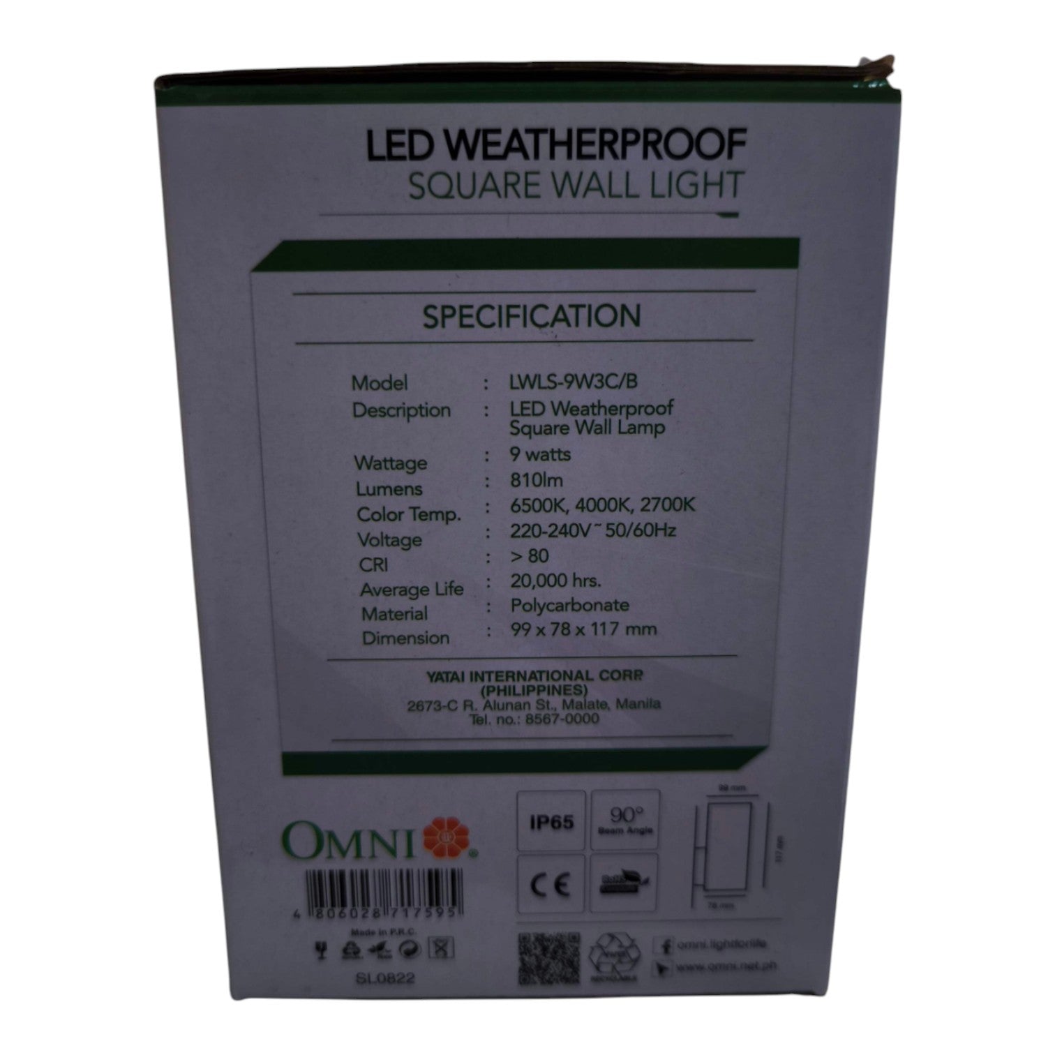 The back of the retail packaging box for an Omni LED Weatherproof Square Wall Lamp, displaying technical specifications, a barcode, and product details on a white background.