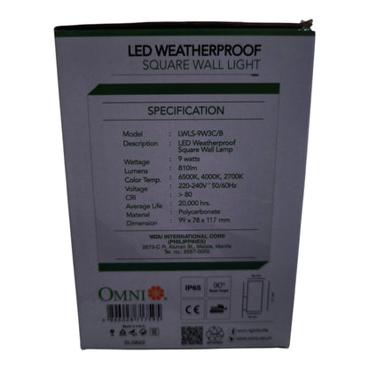 The back of the retail packaging box for an Omni LED Weatherproof Square Wall Lamp, displaying technical specifications, a barcode, and product details on a white background.