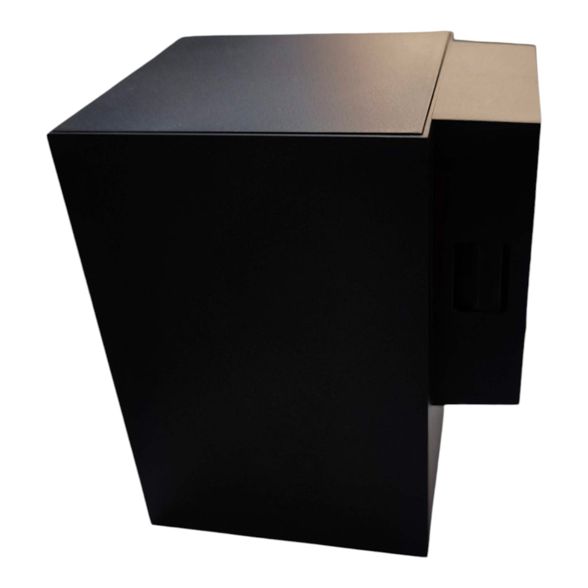 A matte black rectangular box or enclosure with a hinged side panel, shown on a plain white background.