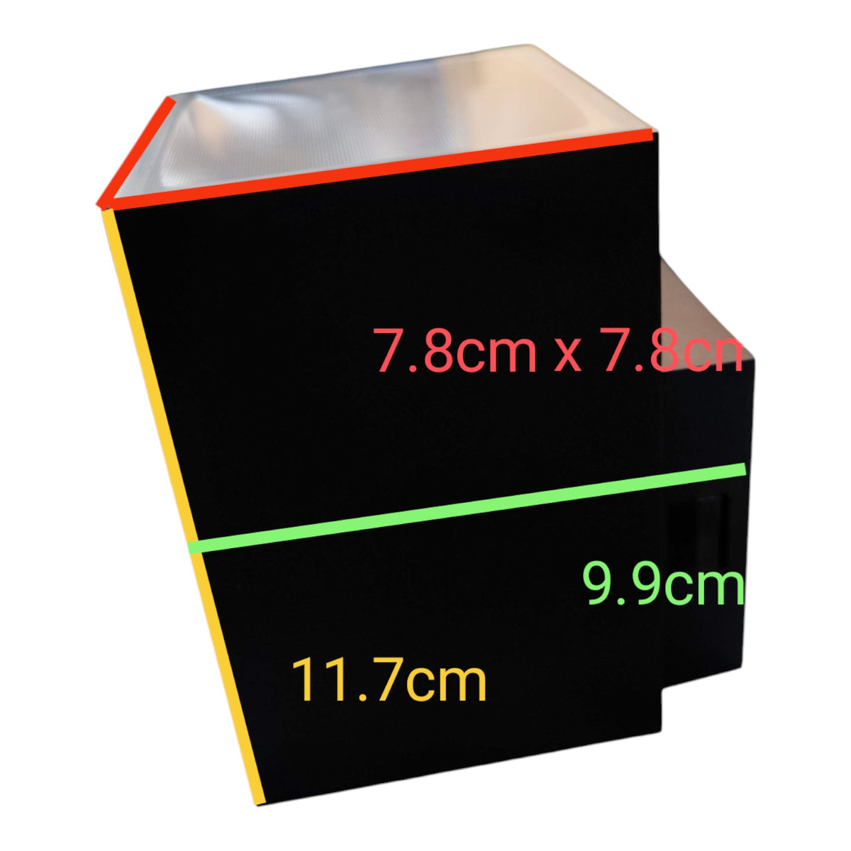 A black rectangular product shown at an angle on a white background, with overlaid dimension labels in red, green, and yellow indicating measurements 7.8cm x 7.