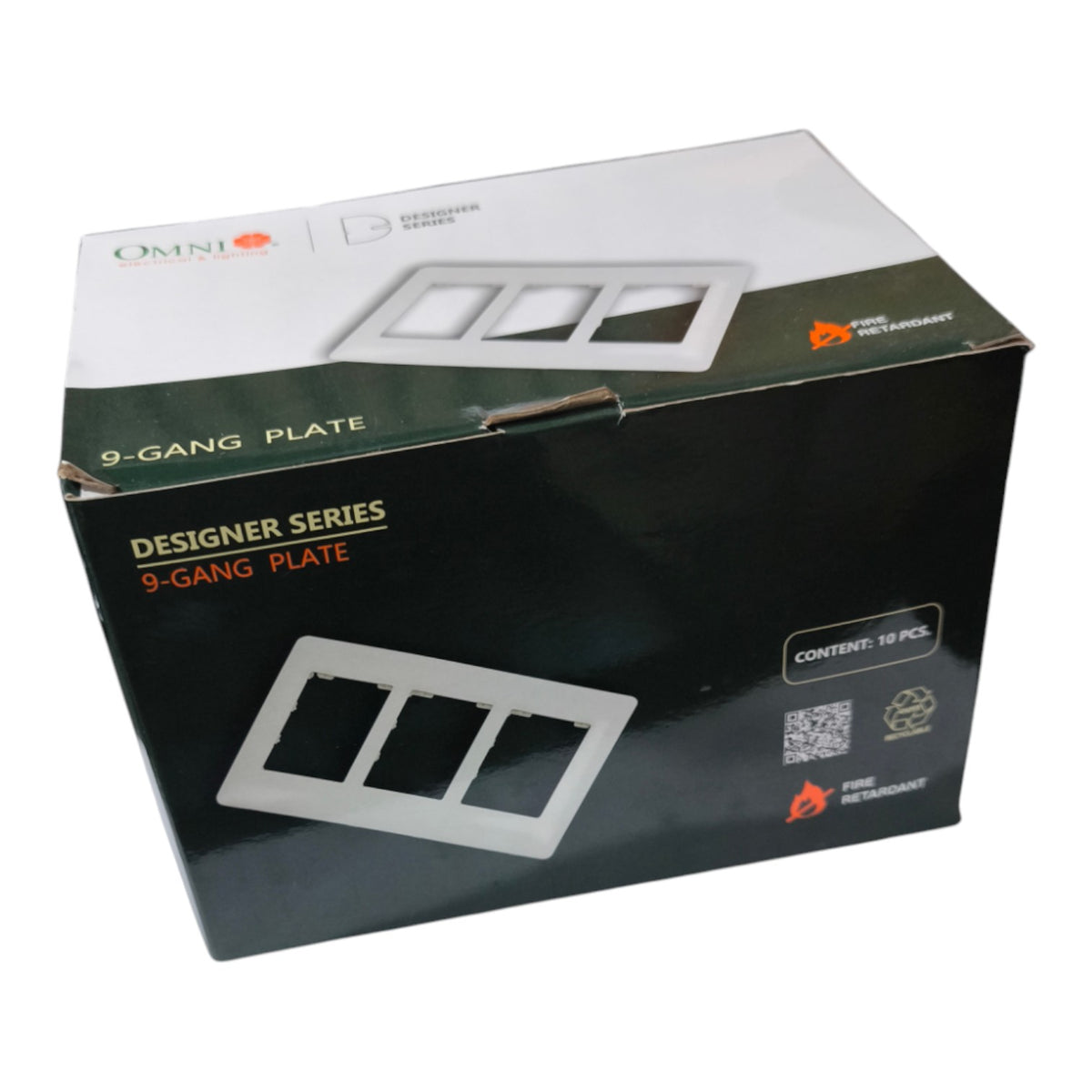 A 9-gang plate switch box from Omni Fire Alarm, featuring a black and white cardboard packaging design with product illustrations.