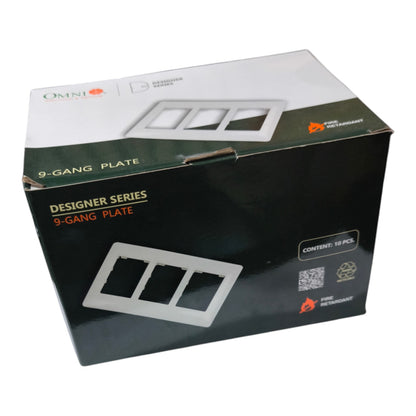 A 9-gang plate switch box from Omni Fire Alarm, featuring a black and white cardboard packaging design with product illustrations.