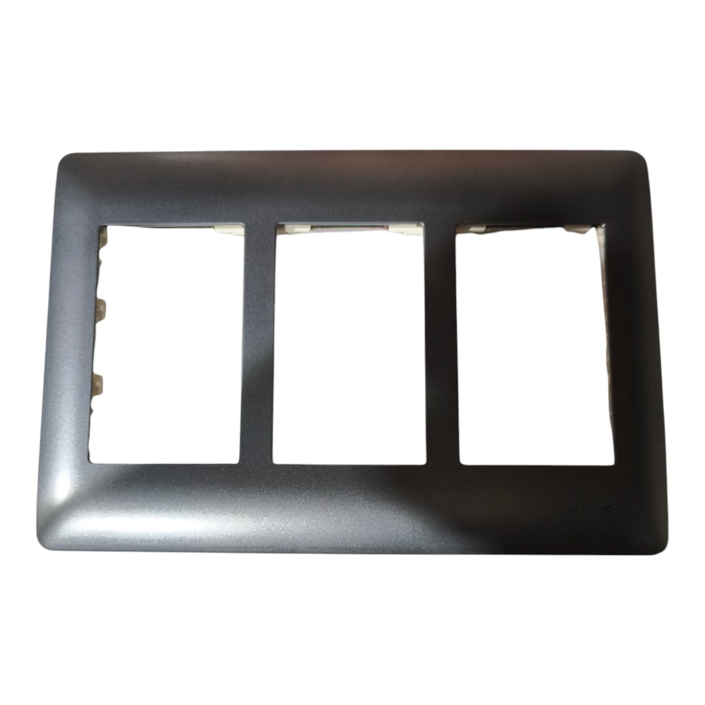 A black three-gang light switch plate cover or electrical faceplate frame, shown from a top-down view on a white background.