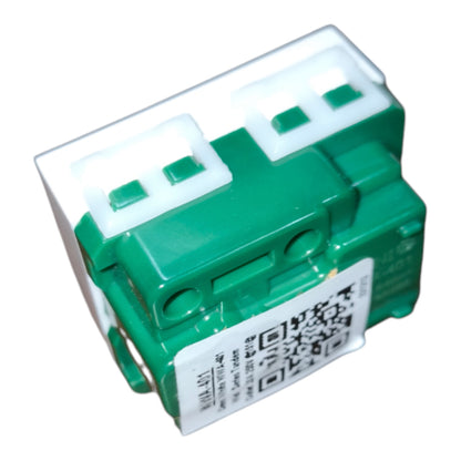 A green electronic module or connector with a clear protective cover on top, featuring a white product label with a QR code on the front.