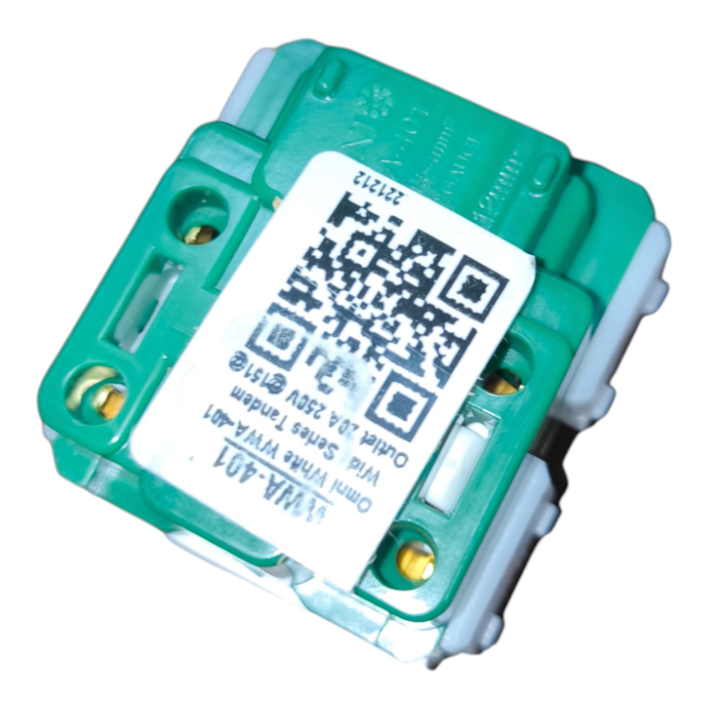 A green electrical terminal block connector with a white label featuring a QR code and text, isolated on a white background.