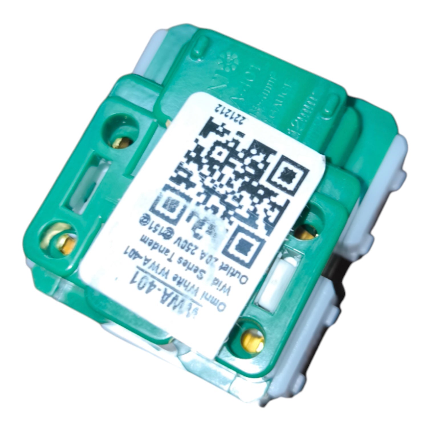 A green electrical terminal block connector with a white label featuring a QR code and text, isolated on a white background.