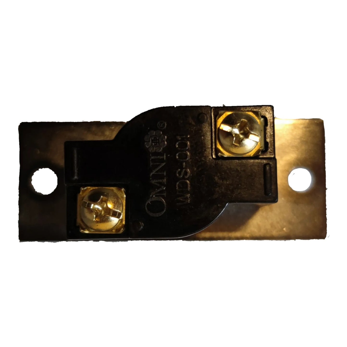 An Omni WDS-001 electrical terminal block connector with a black plastic body, brass screw terminals, and a brass mounting plate, shown on a white background.