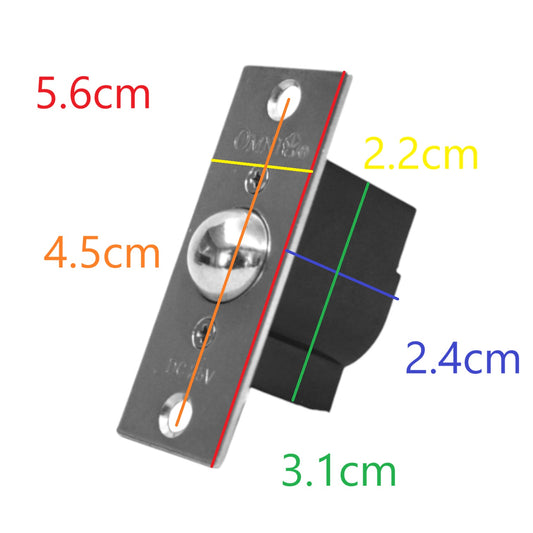A metal door stopper with overlaid dimension labels in red, yellow, blue, green, and orange on a plain white background.