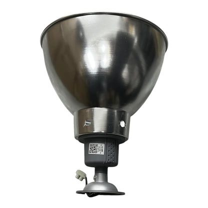 A stainless steel outdoor floodlight with a reflective metal reflector, a black motor housing, and a mounting base, shown against a plain white background.