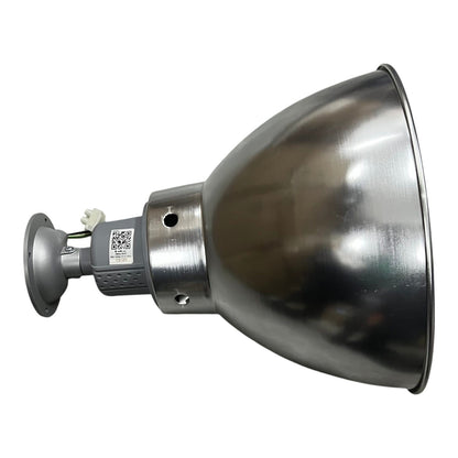 A large industrial dome-shaped metal reflector lamp, likely for a sodium vapor sign, featuring a brushed silver finish and a gray mounting base with a visible power cord and label.