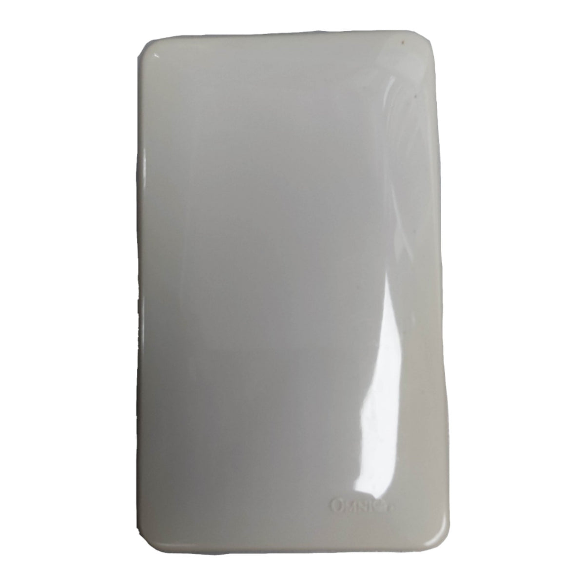 A glossy white rectangular plastic cover or protective sleeve with rounded corners, featuring a small embossed 'OKMETER' logo near the bottom right, shown against a plain white background.