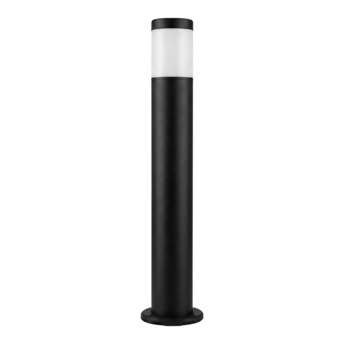 A modern outdoor bollard light with a matte black cylindrical body, a circular base, and a frosted white glass cap at the top, shown against a plain white background.