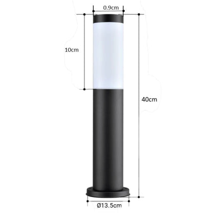 A black outdoor bollard light with a frosted white cylindrical shade, shown with dimension annotations indicating a total height of 40cm, shade width of 0.9cm, shade depth of 13.