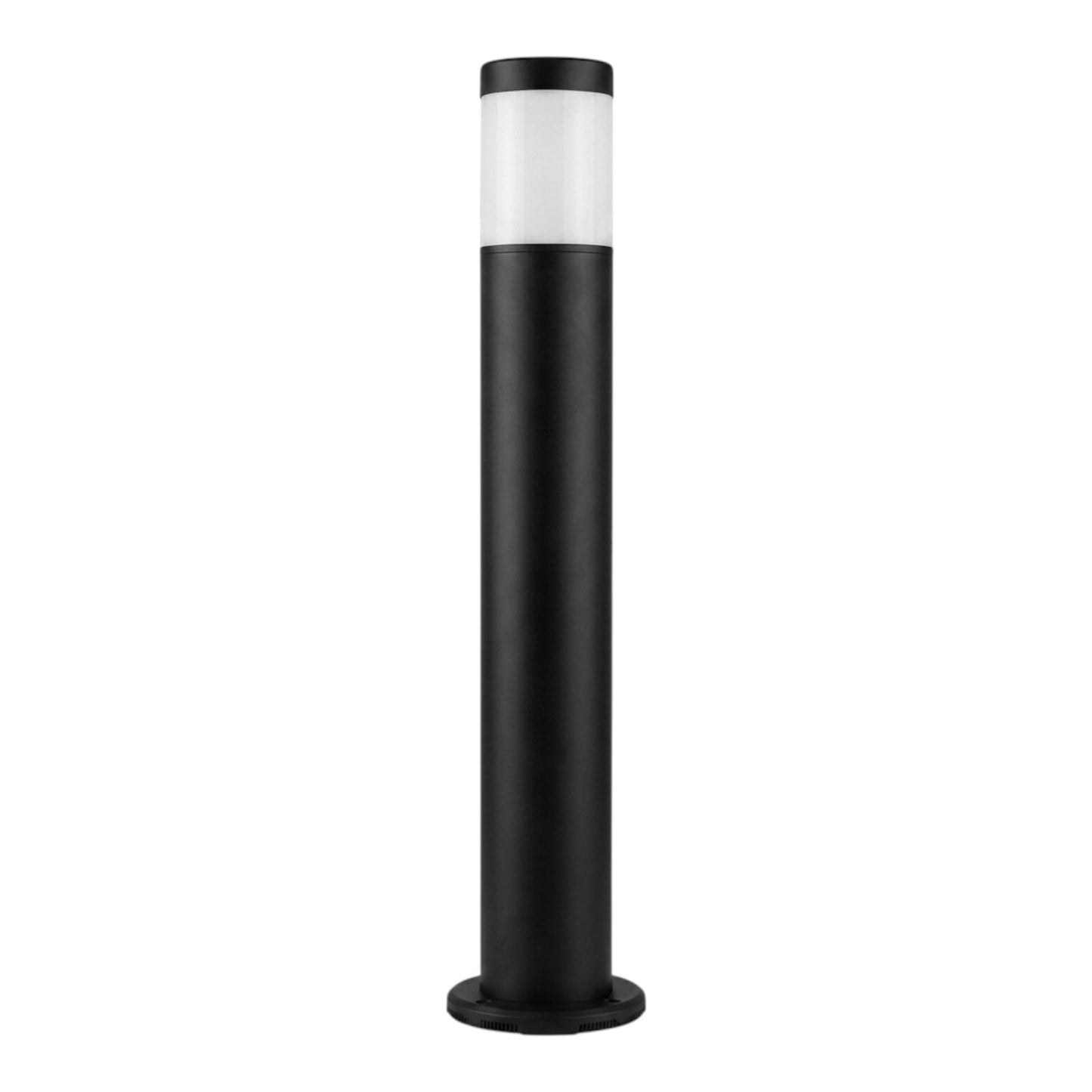 A modern outdoor bollard light with a matte black cylindrical body, a circular base, and a frosted white glass cap at the top, shown against a plain white background.