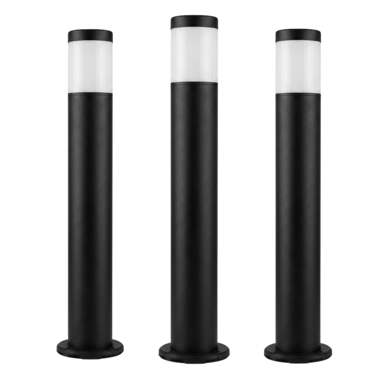 Three modern outdoor bollard lights with matte black cylindrical posts and frosted white glass caps, shown on a plain white background.