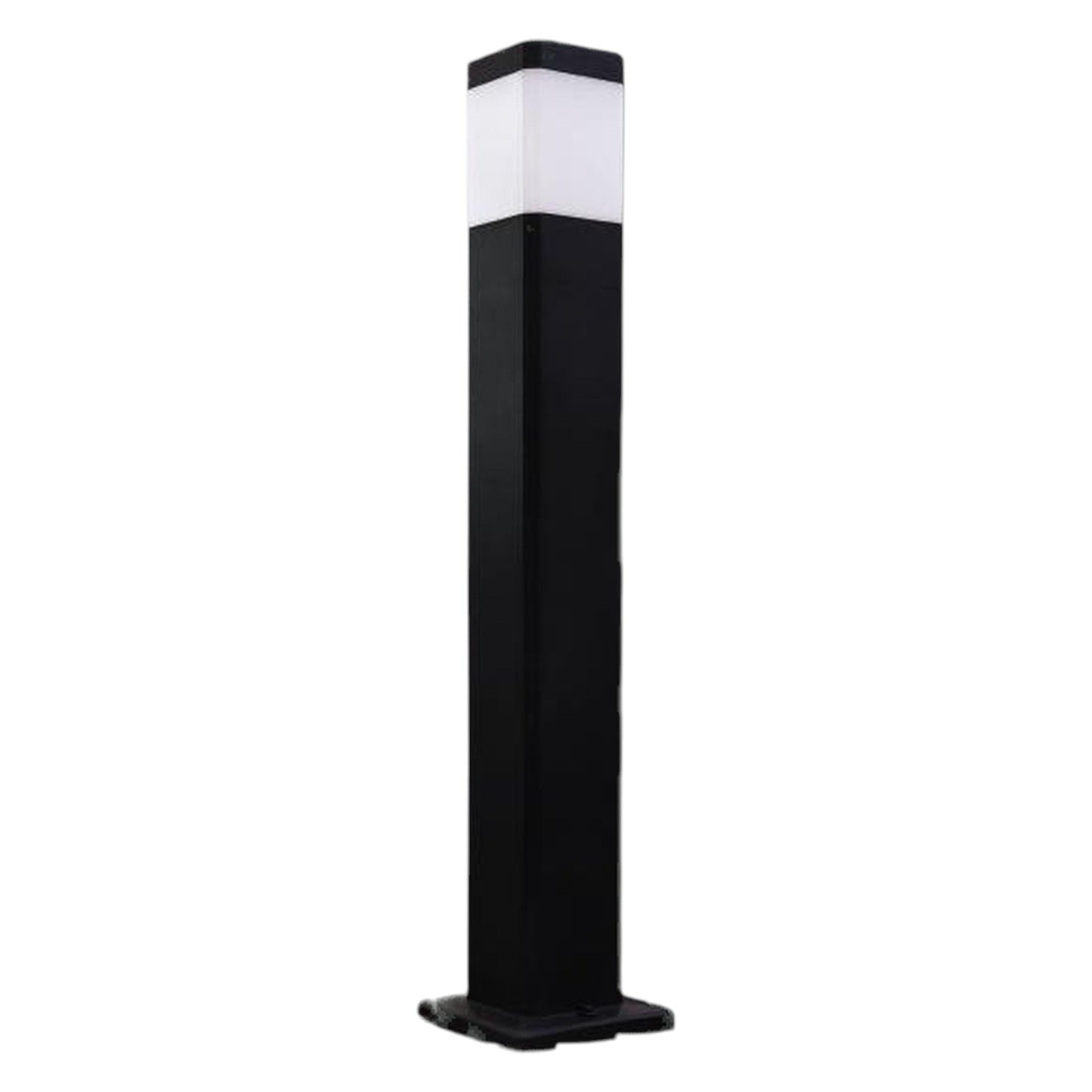 A modern outdoor bollard light with a black metal pole and a square white frosted light panel at the top, shown against a plain white background.