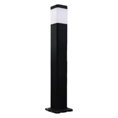 A modern outdoor bollard light with a black metal pole and a square white frosted light panel at the top, shown against a plain white background.