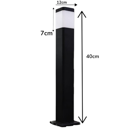 A black and white outdoor bollard light with overlaid dimension arrows and labels showing 40cm height, 12cm width, and 7cm light box depth on a plain white background.