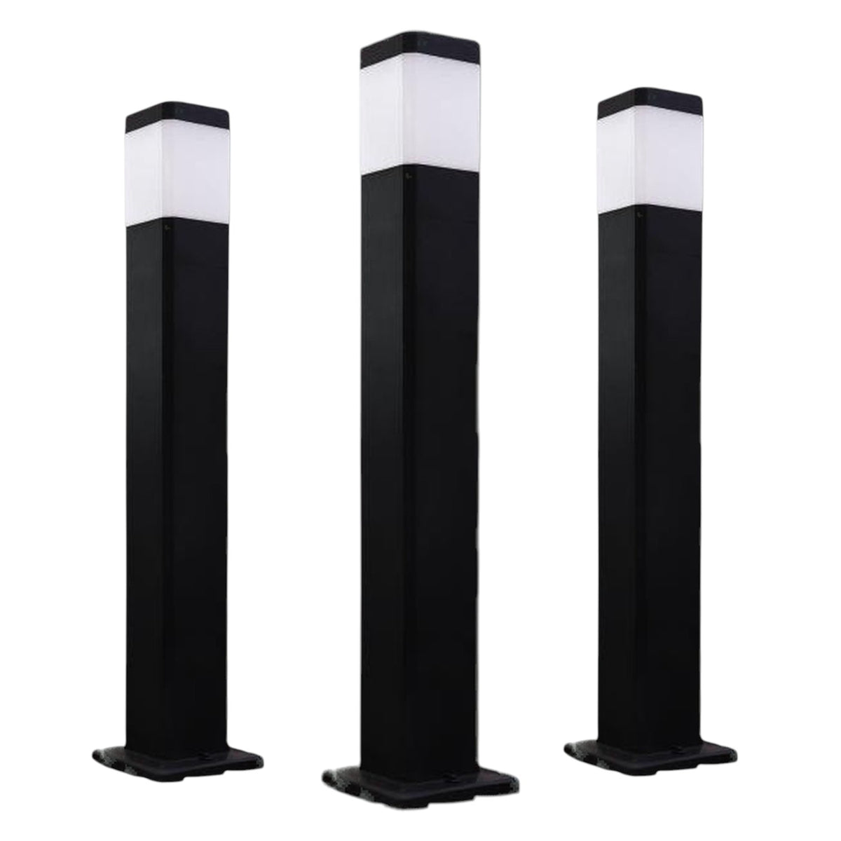 Three modern outdoor bollard lights with black rectangular posts and frosted white square shades, shown on a plain white background.