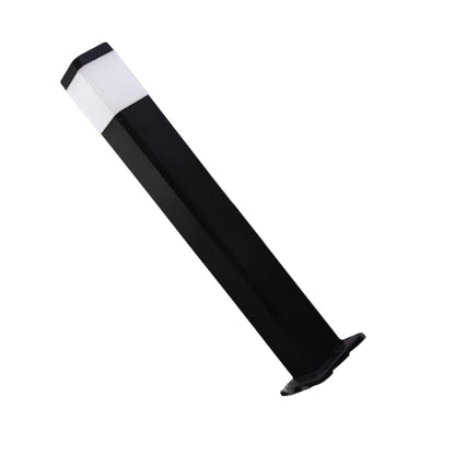 A modern black outdoor LED post light with a white rectangular diffuser near the top and a small black ground cap, shown on a plain white background.