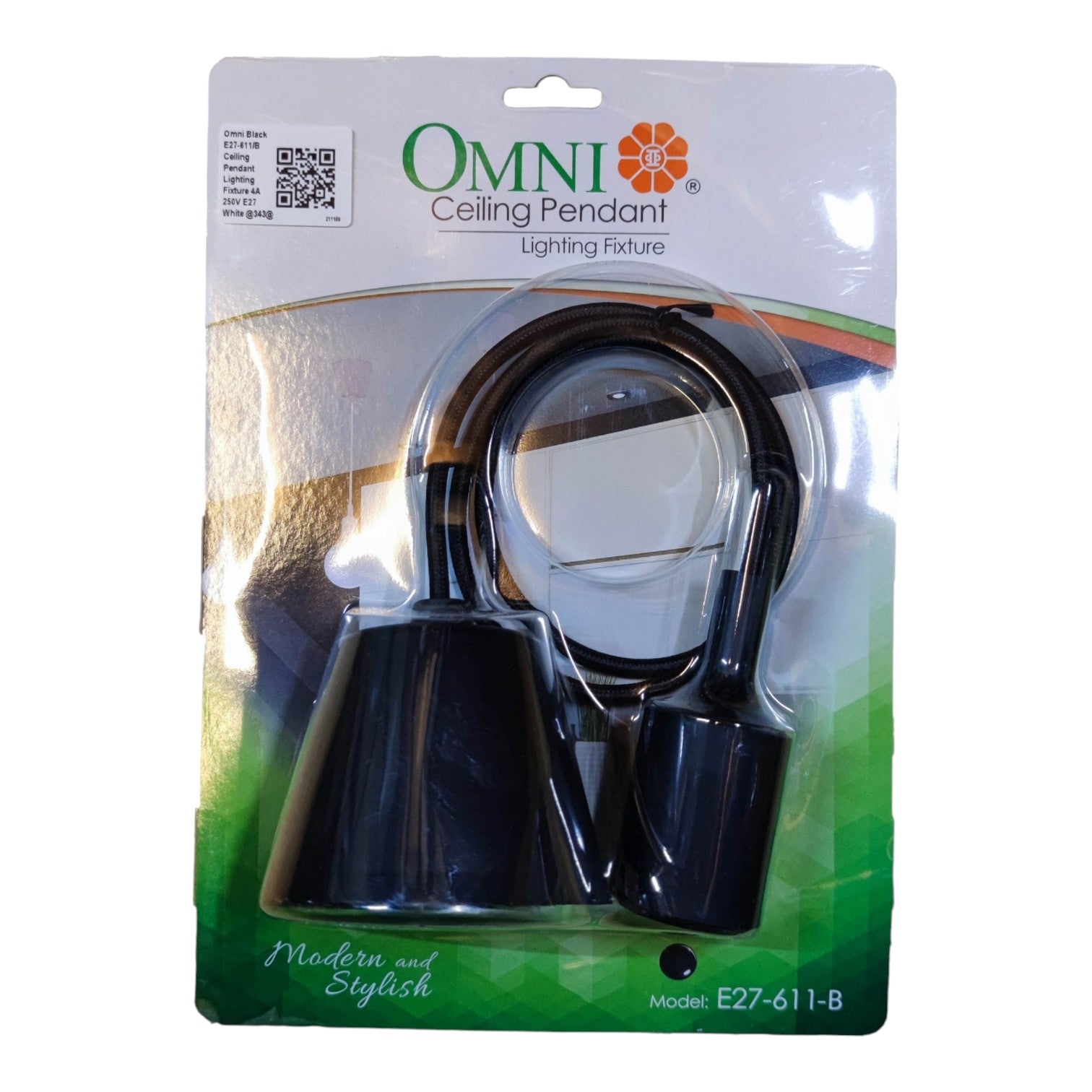 An Omni Ceiling Pendant Lighting Fixture in its original retail blister packaging, featuring a black modern dual-cone pendant lamp with a flexible neck and a black ceiling mount bracket.