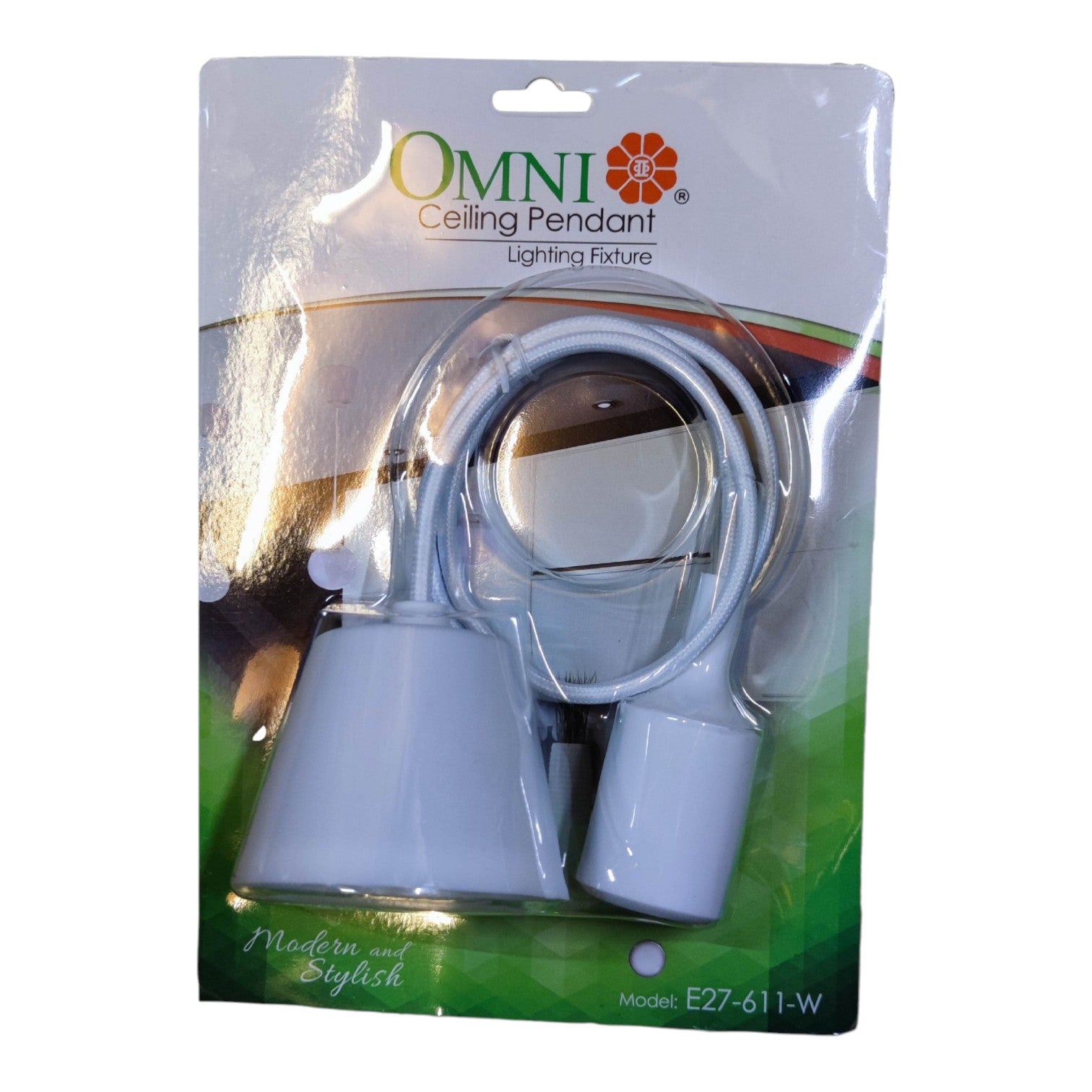 A light blue ceiling pendant light fixture in its original retail blister packaging, featuring the brand name 'OMNI'. The product consists of a light blue conical shade, a matching cord, and two connector pieces, all visible through a clear plastic window on a white backing card.