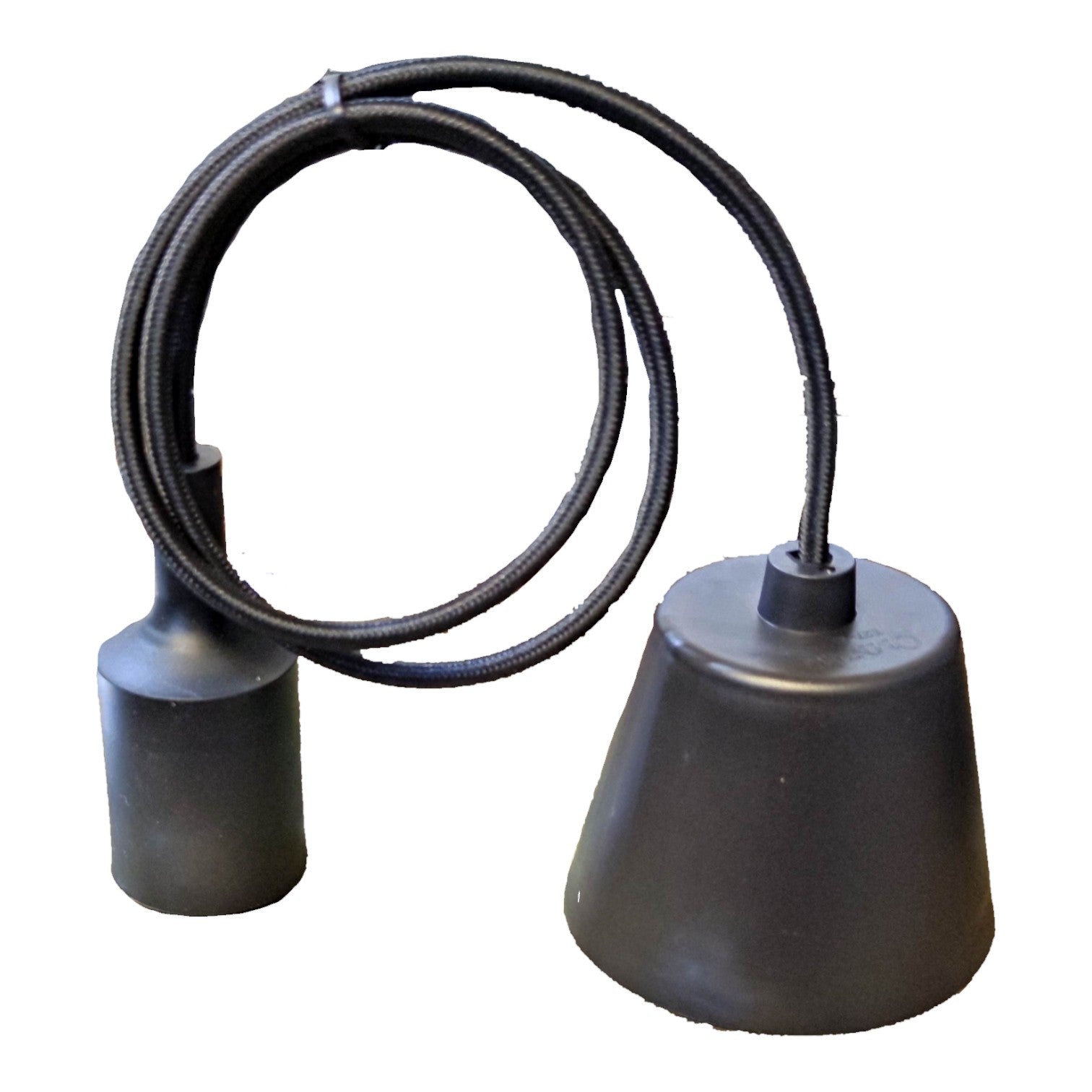 A pair of black industrial pendant light sockets connected by a black corrugated hanging cable, shown against a plain white background.
