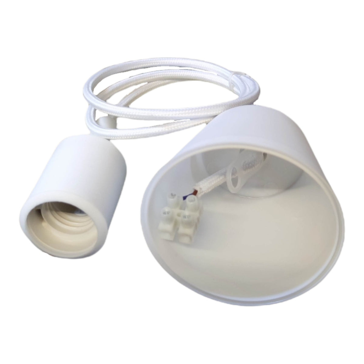 White plastic lampshade and matching white socket cap with attached white cord on a plain white background.