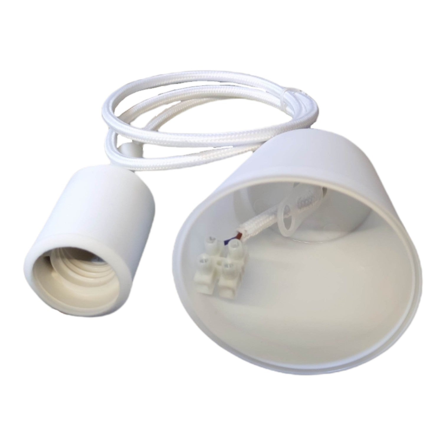 White plastic lampshade and matching white socket cap with attached white cord on a plain white background.