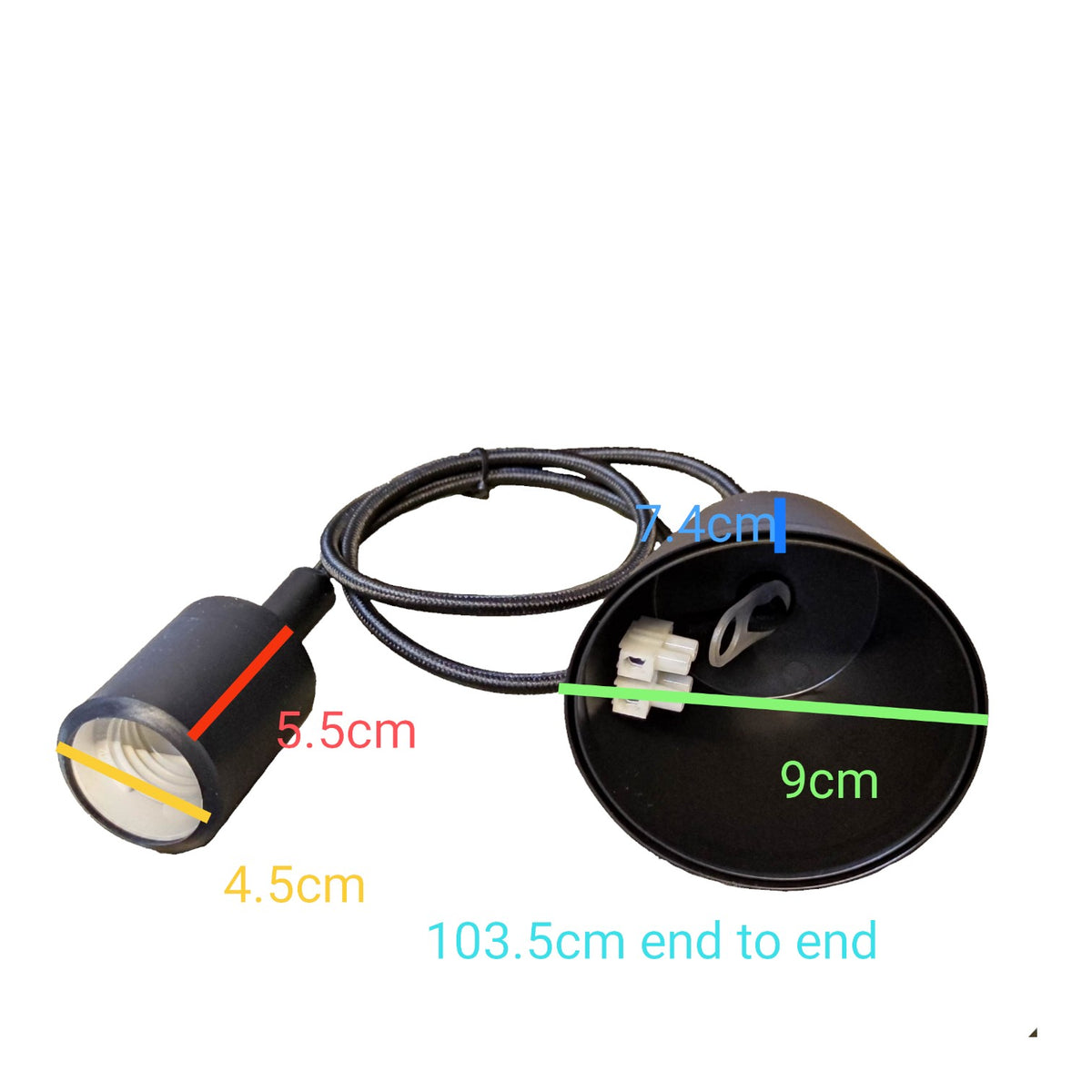 A black cylindrical spotlight or underwater light with a coiled black cable and connector, shown on a white background with overlaid dimension labels in red, blue, green, and cyan indicating measurements.