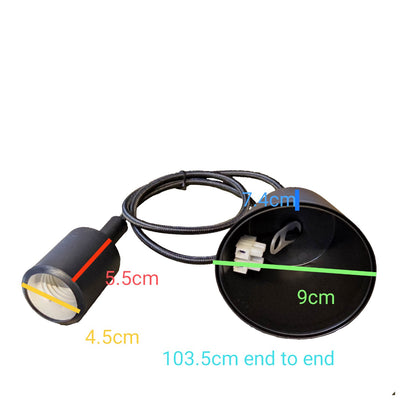 A black cylindrical spotlight or underwater light with a coiled black cable and connector, shown on a white background with overlaid dimension labels in red, blue, green, and cyan indicating measurements.