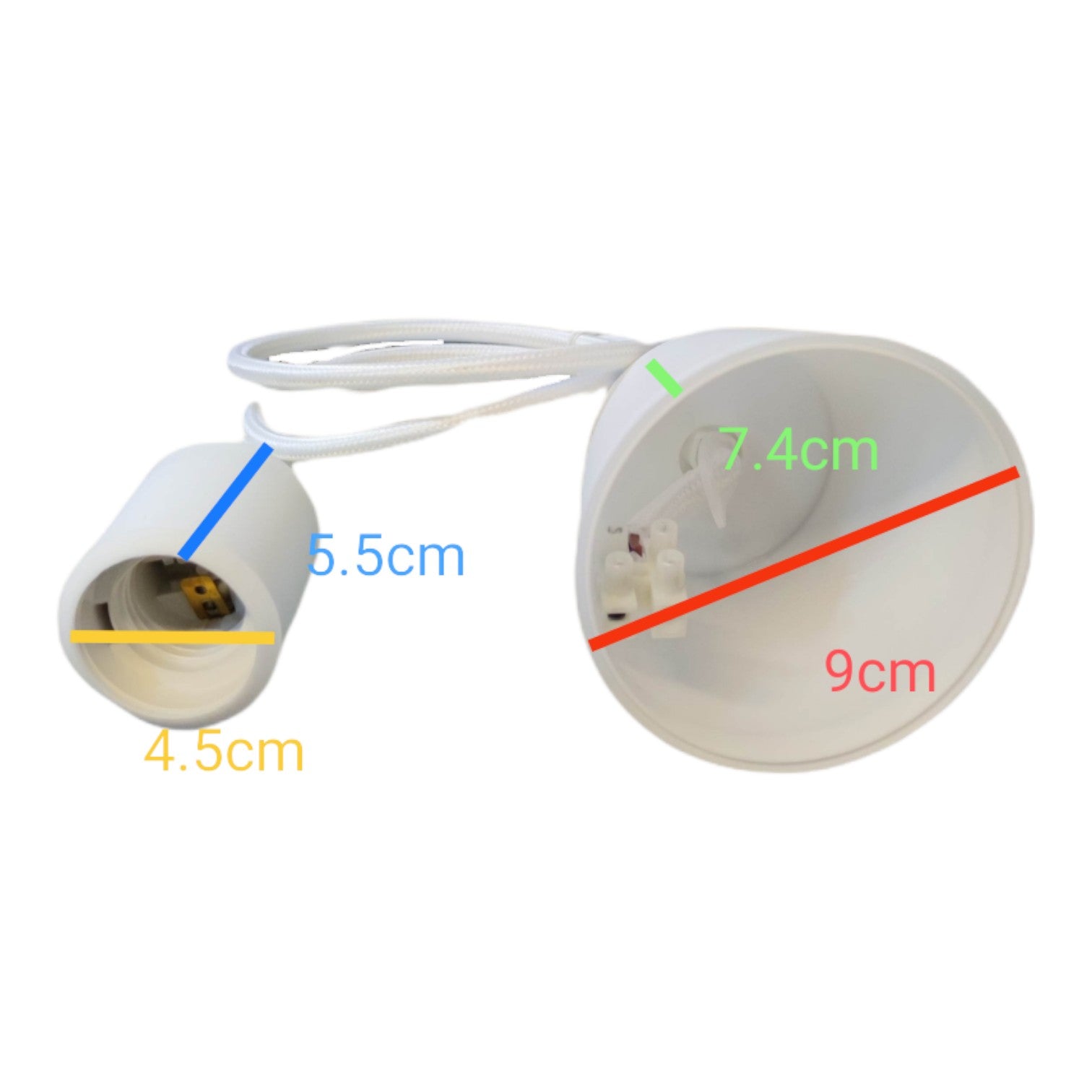 White plastic light socket and matching shade with overlaid dimension lines and text showing measurements: 5.5cm, 4.