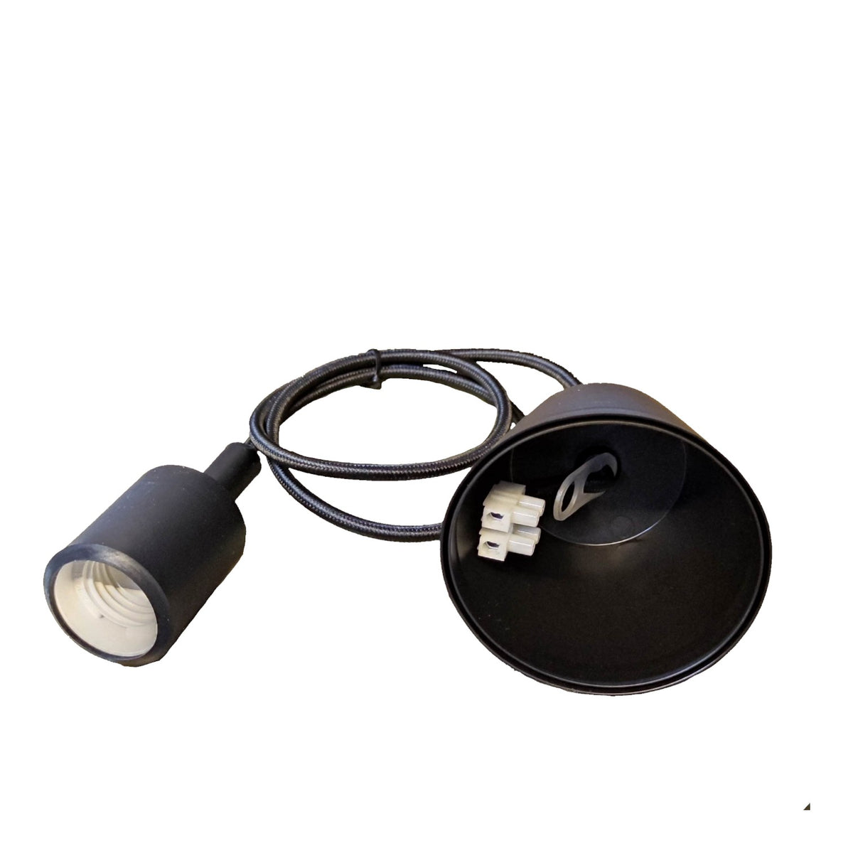 A black recessed spotlight lamp with a coiled black power cord and a white terminal connector, shown against a plain white background.