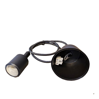 A black recessed spotlight lamp with a coiled black power cord and a white terminal connector, shown against a plain white background.