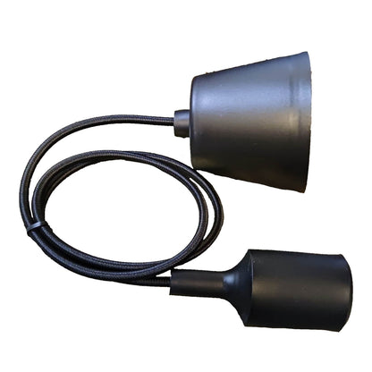 Two black metal pendant light shades connected by a black braided cord, shown on a plain white background.