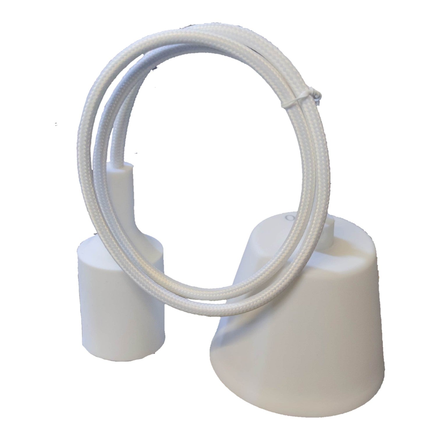 A pair of white plastic ground stakes with a coiled white braided cable connecting them, isolated on a white background.