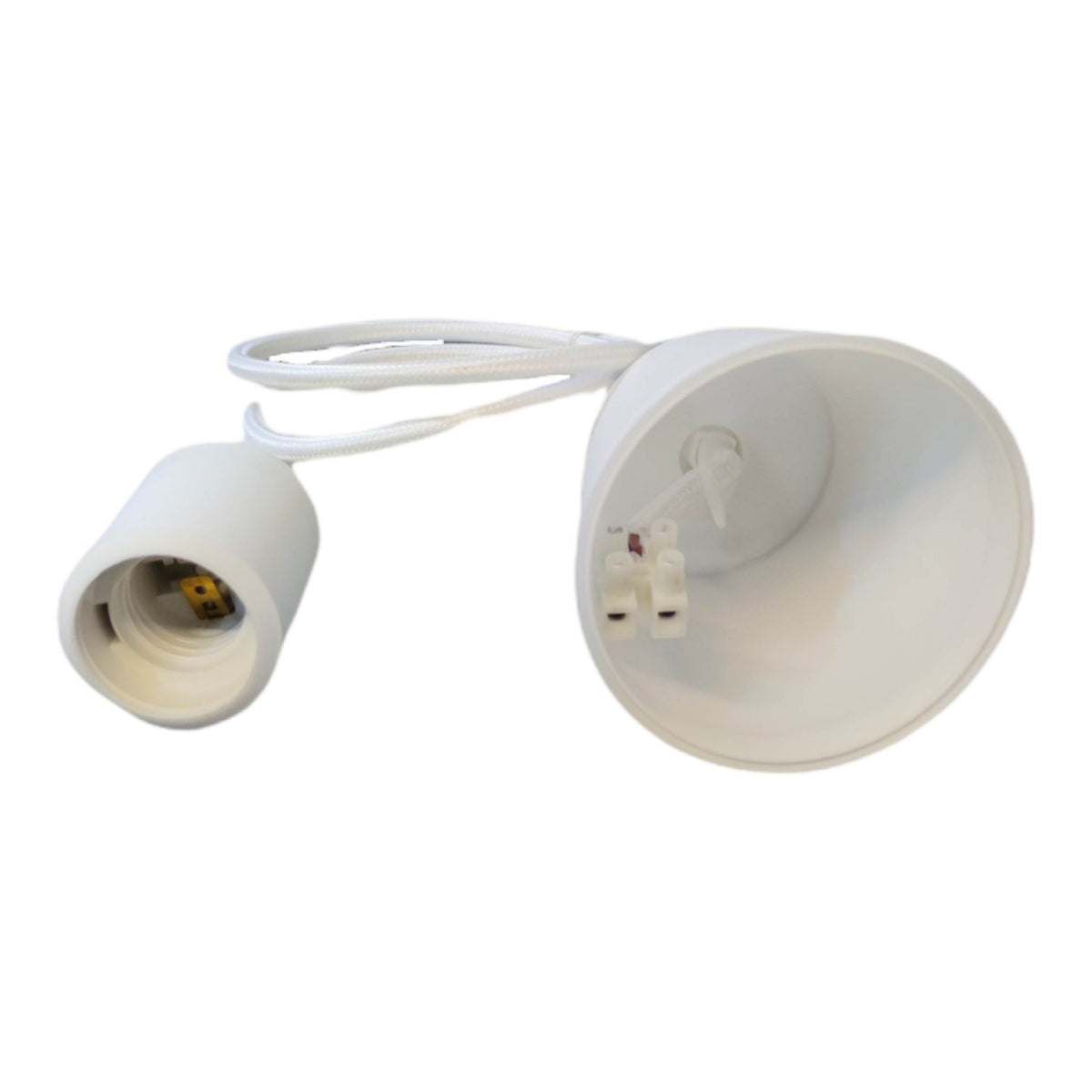 White plastic light fixture socket and canopy with attached white cord on a plain white background.