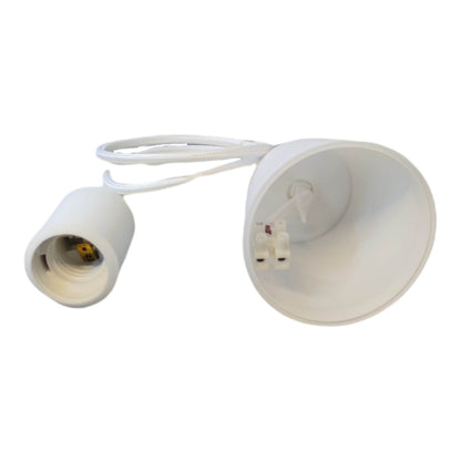 White plastic light fixture socket and canopy with attached white cord on a plain white background.
