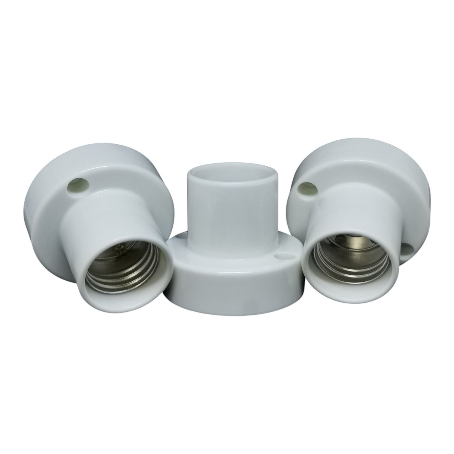 Three white light bulb sockets on a white background