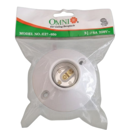 White ceiling light fixture in clear packaging with Omni branding.